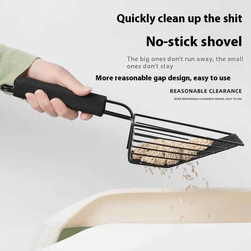 Black metal cat litter scoop with narrow tines for sifting clumping cat litter.