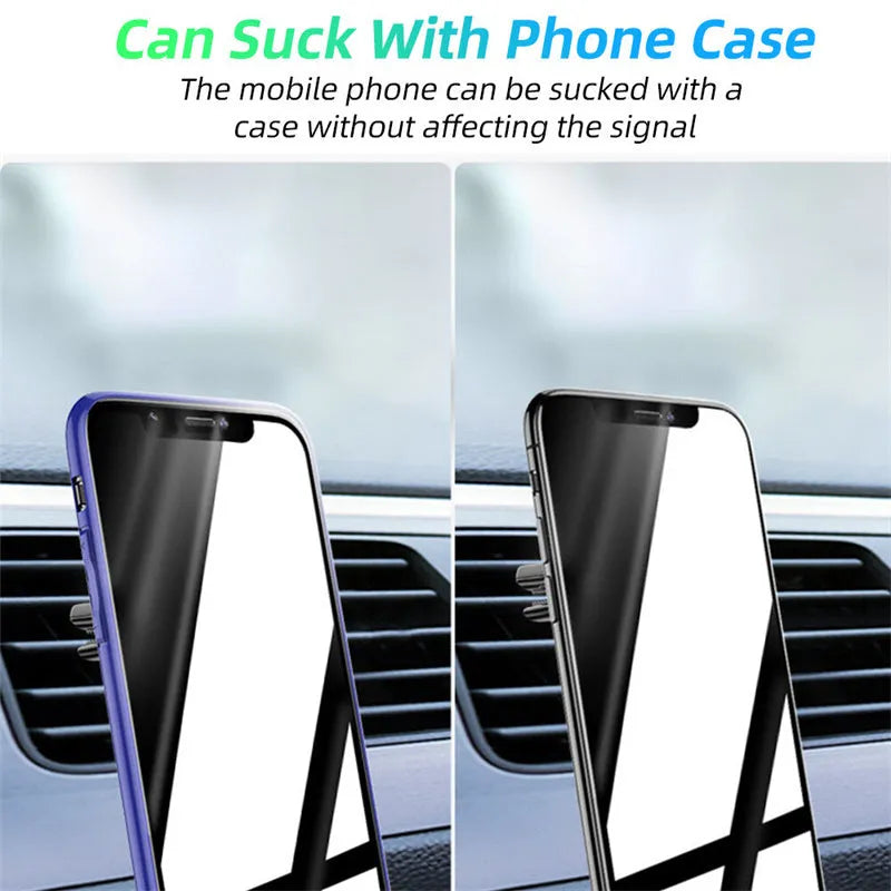 Magnetic car phone holder mounted on air vent with smartphone attached and perfume slices