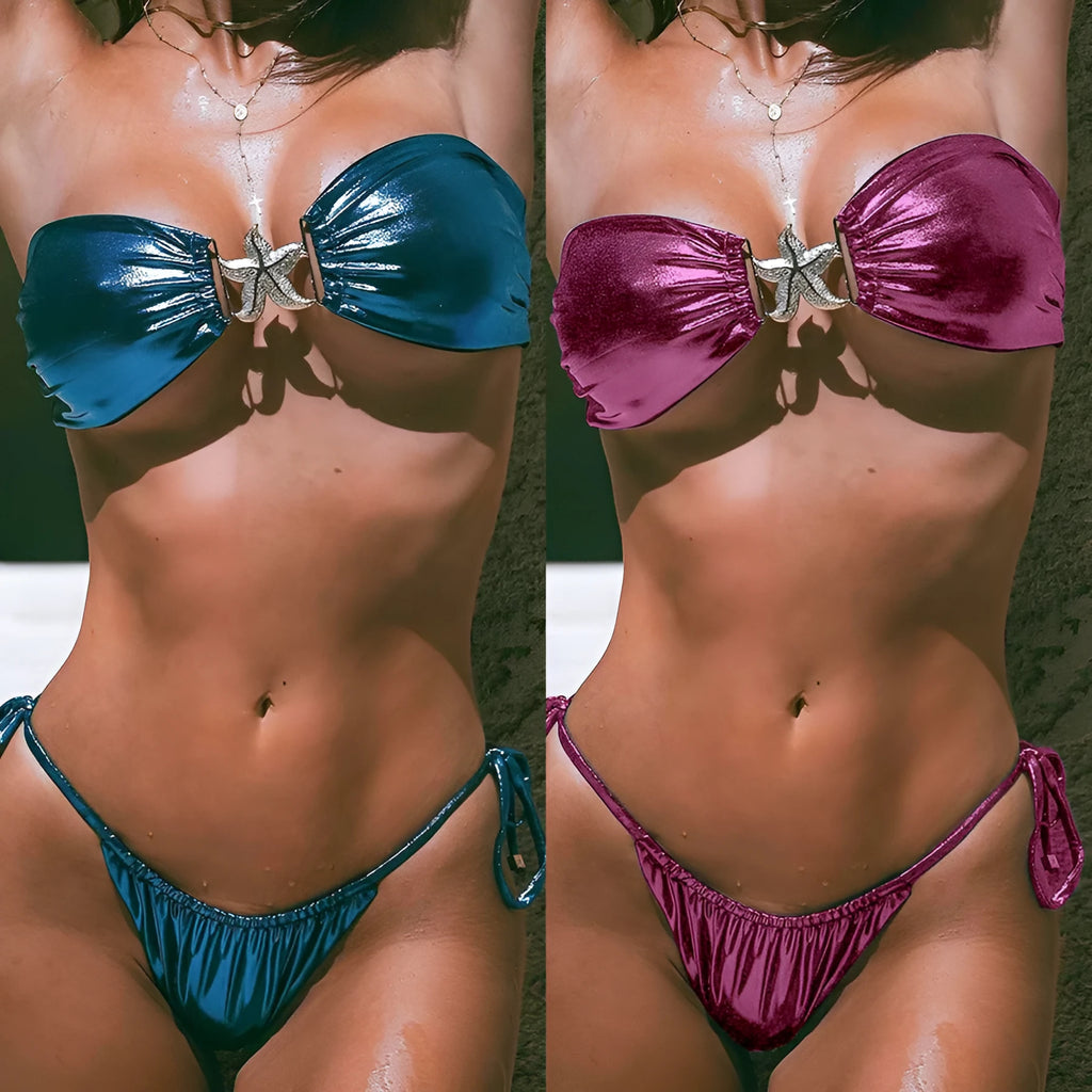 Women's glossy sapphire blue tube top bikini with long sleeves and backless briefs.