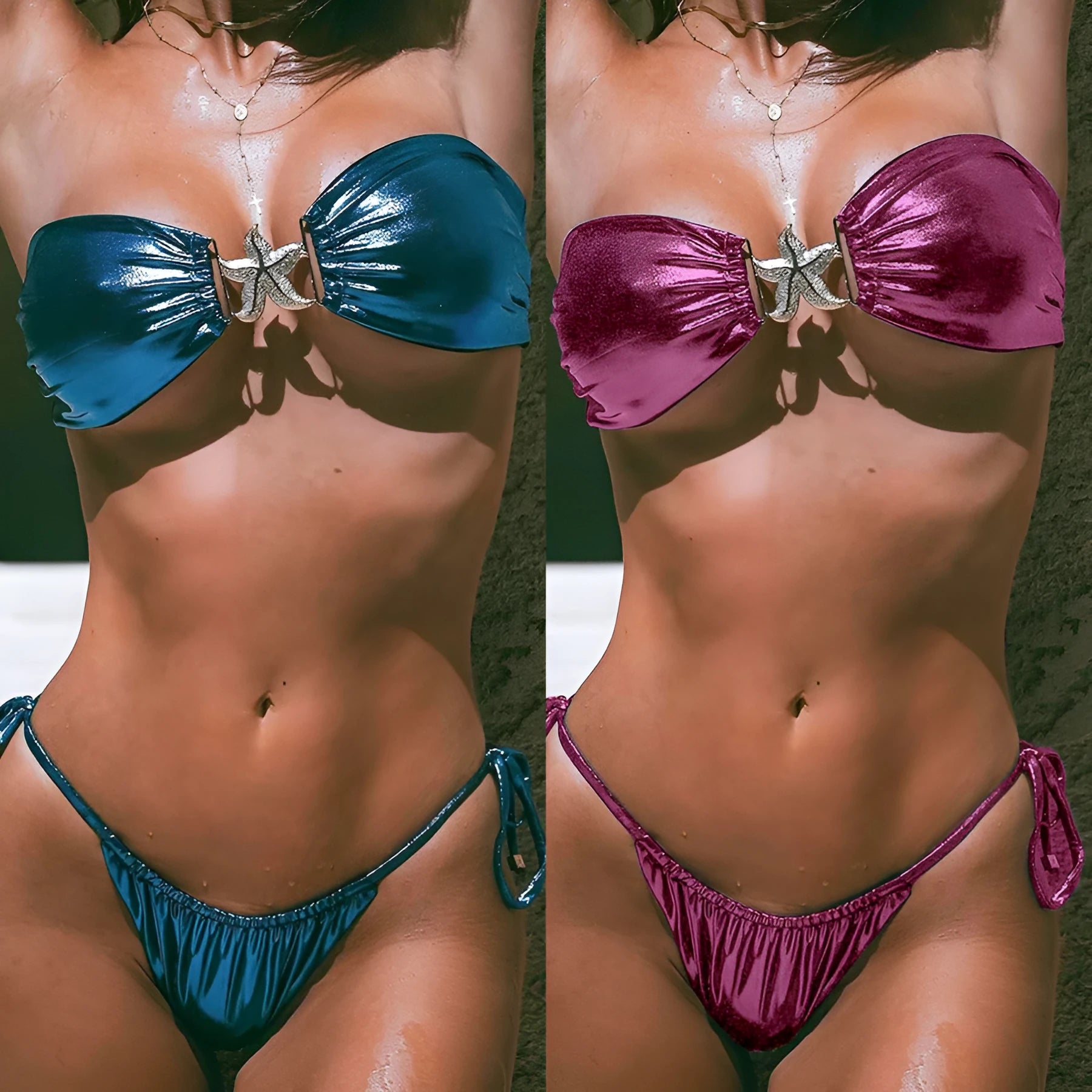 Women's glossy sapphire blue tube top bikini with long sleeves and backless briefs.