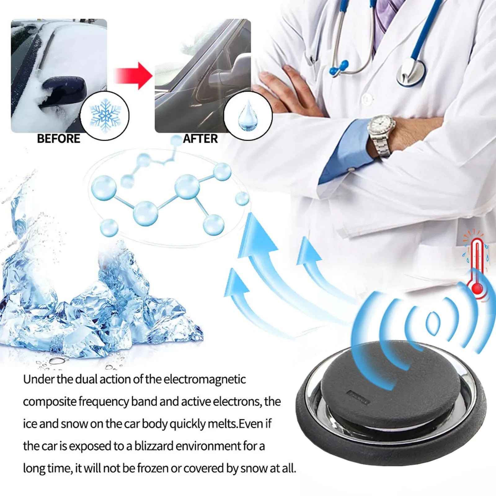Compact black portable car deicing instrument for melting ice and snow on windscreens.
