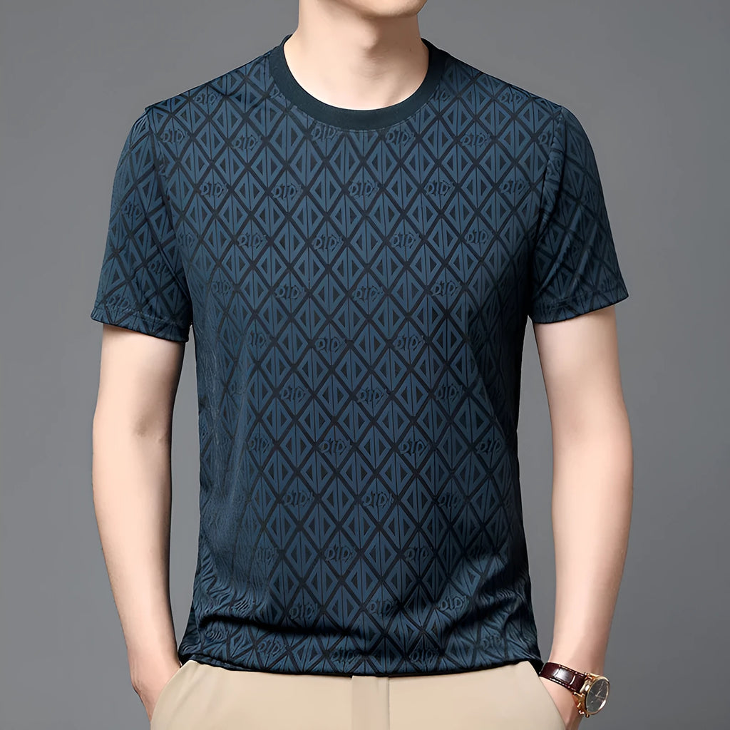 Men's round neck jacquard short sleeve casual shirt in polyester ice silk fabric