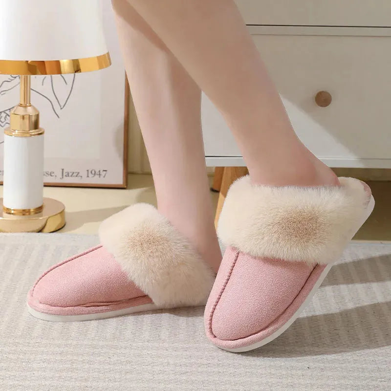 Women's indoor plush slippers in round-toe design with cotton upper and PVC anti-slip soles