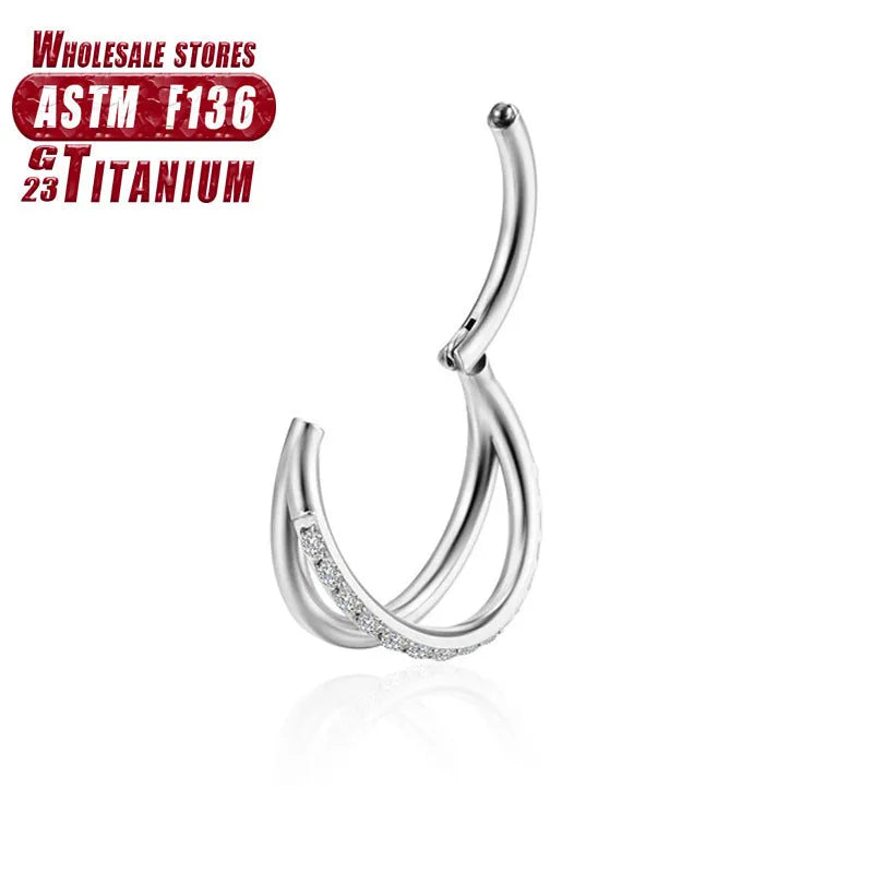 Titanium alloy fork style nose ring on a plain background showing silver, gold, black, and rose gold colour options.
