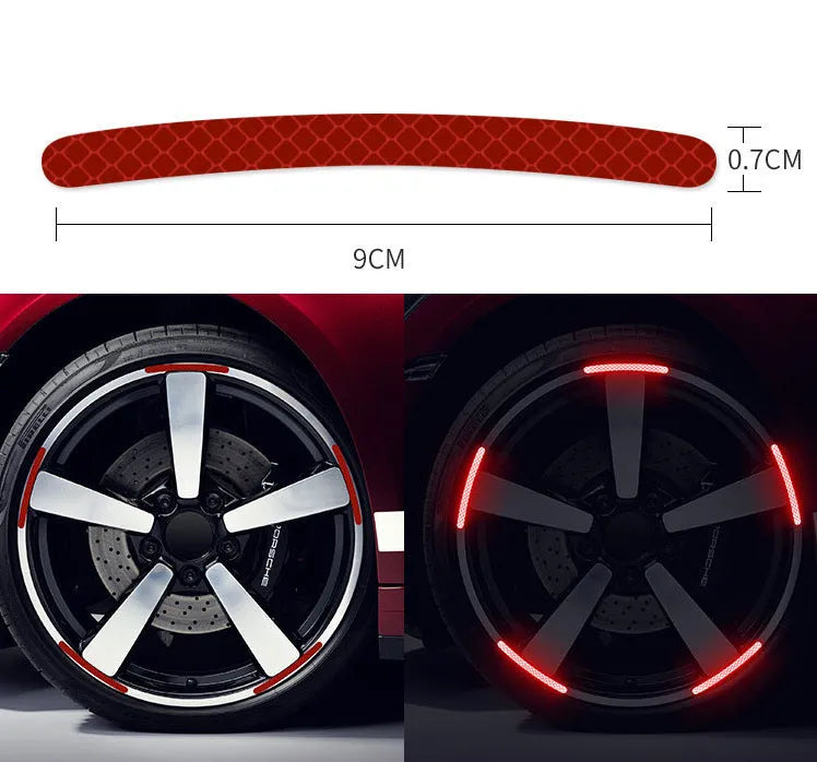 20-piece wheel hub reflective stickers in multiple colours including fluorescent, rainbow, and luminous options