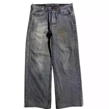 Men's grey washed-out straight-leg jeans with wide leg silhouette in retro workwear style