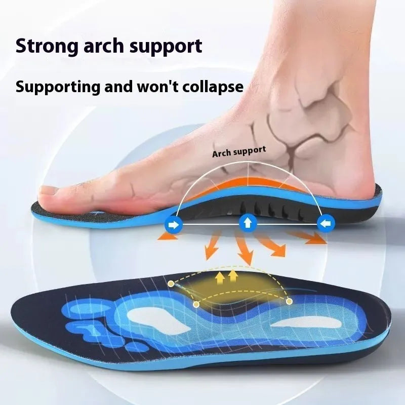 Blue and green flat foot correction insoles with raised arch support on a white background.