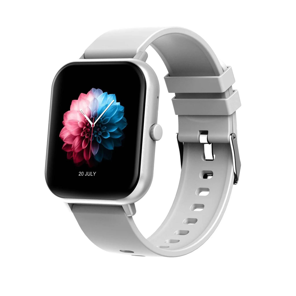 Bluetooth smart watch with AI voice control and heart rate monitoring display showing colour options