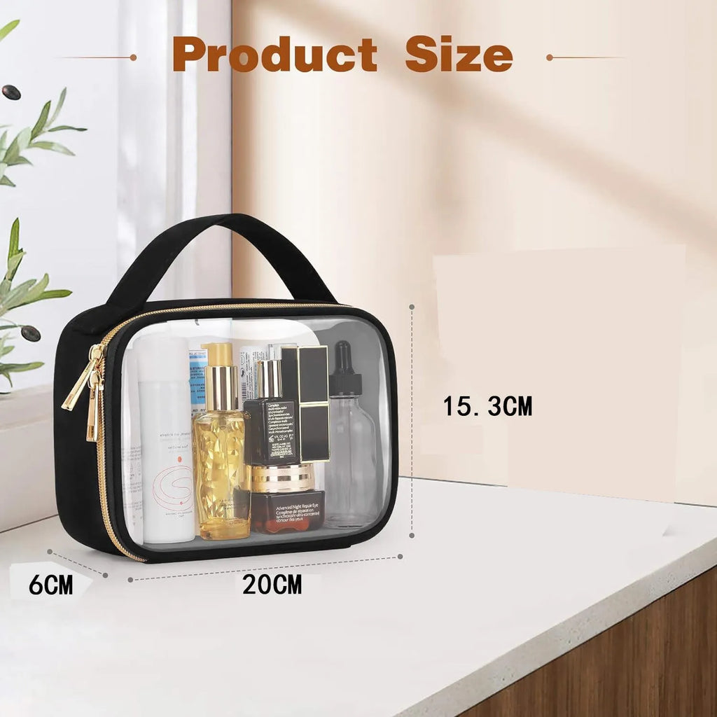 Transparent PVC cosmetic wash bag with chain handle showing lipstick storage