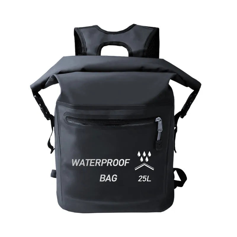 Black 25-litre waterproof outdoor backpack with mesh clips for rafting and swimming.