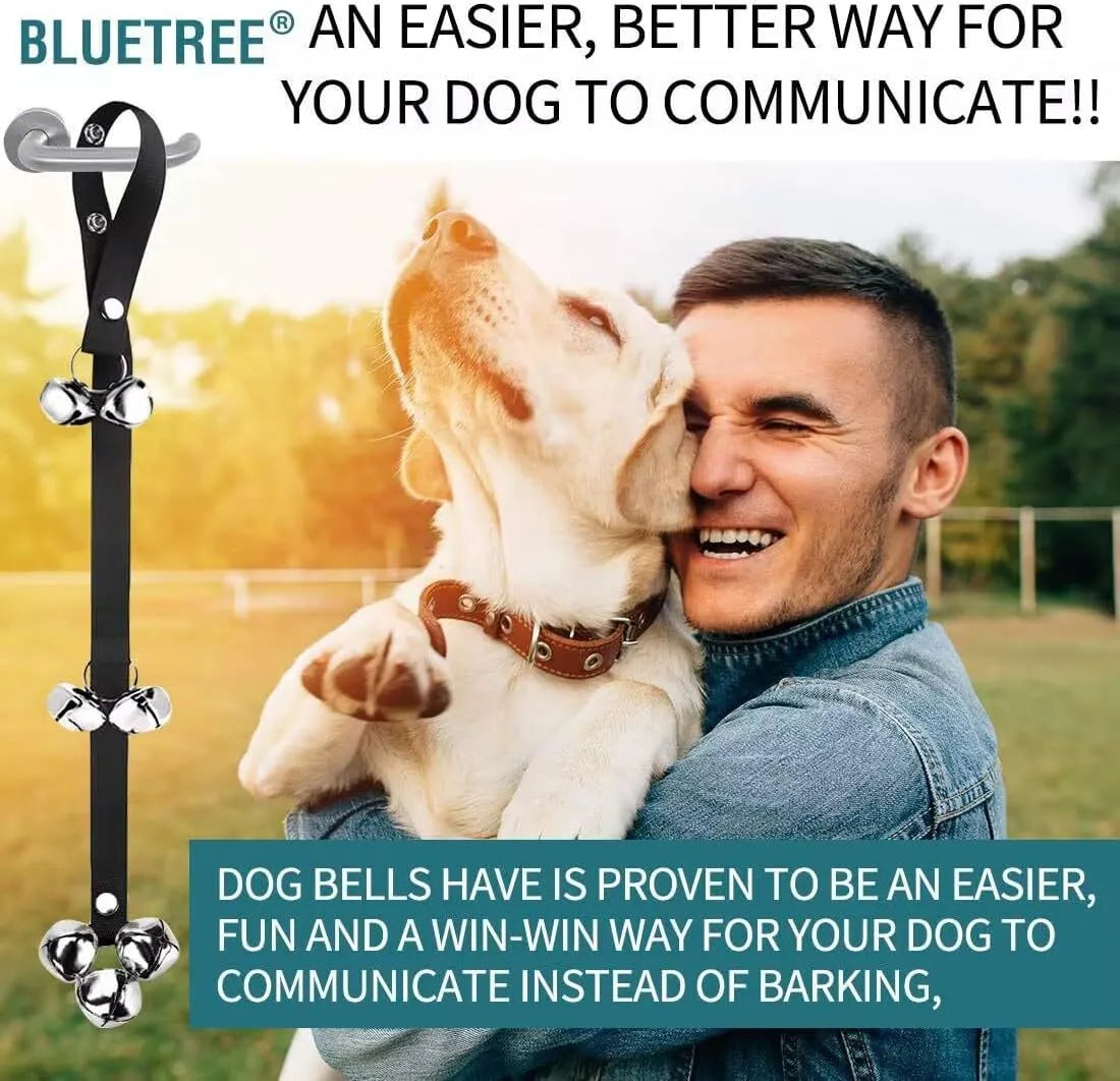 Silver metal dog training doorbell with 7 bells on an adjustable nylon leash hanging on a door