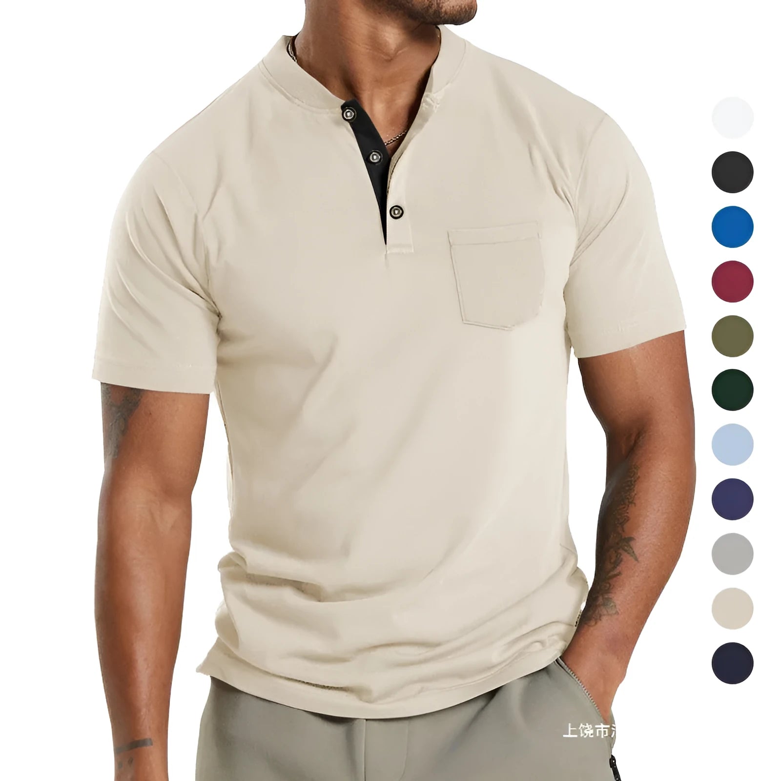 Plus size men's solid colour short sleeve polyester shirt with button chest pocket