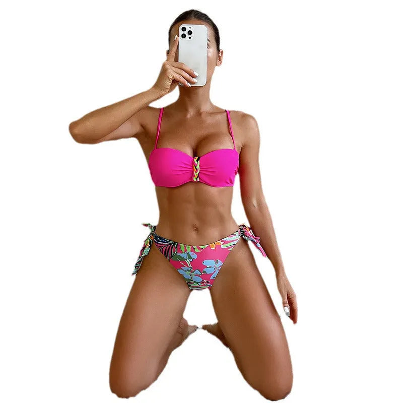 Rose red women's bikini with braided rope detailing for swimming
