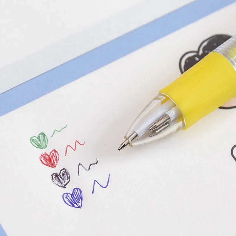 Cute cartoon press ballpoint pen showing one of five possible random designs: Cactus, Fast Food, Fruit and Vegetable, Heart Wing, or Seahorse.