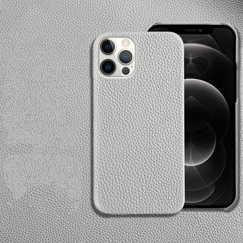 Genuine leather protective iPhone case in a simple style with half line breaks, shown in one of nine available colours.