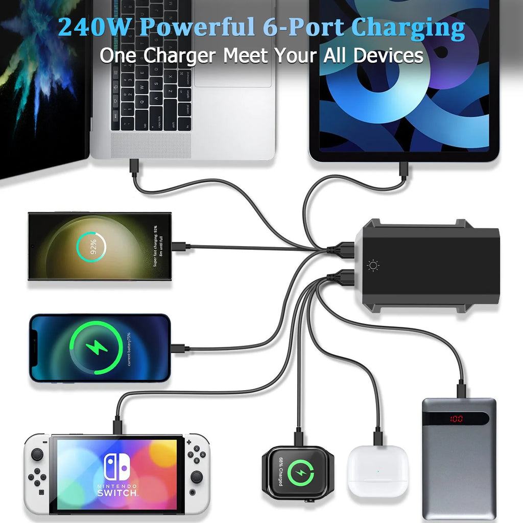 Multi-port USB charger 240W dynamic display black GaN fast charge with UK plug for multiple devices