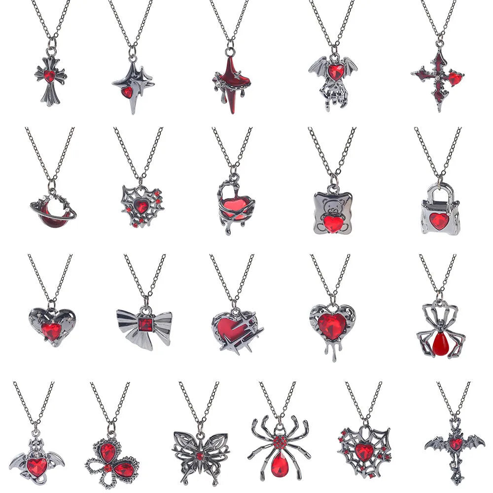 Dark electroplated zinc alloy Halloween necklace with spider bat skull wing pendant options on a regular chain.