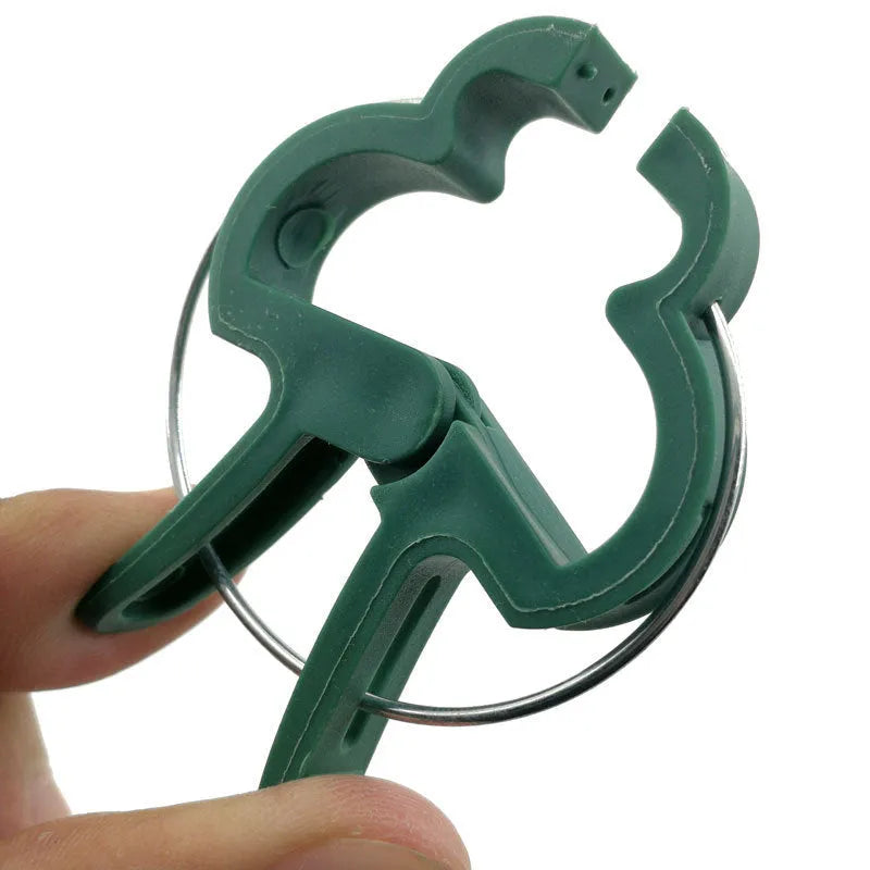 Green plastic plant fixing clips holding climbing plant stems against a support structure