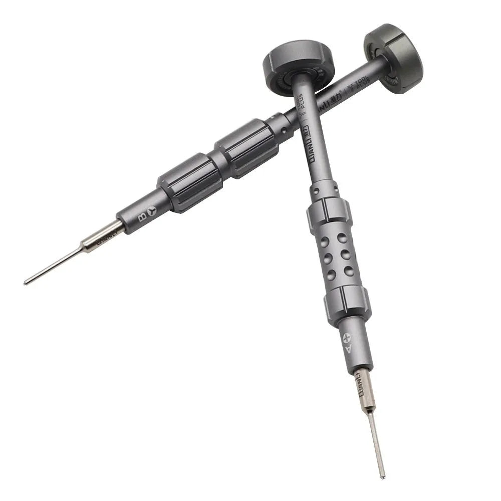 Precision screwdriver with grenade-shaped handle and multiple bits for iPhone and electronics repair.