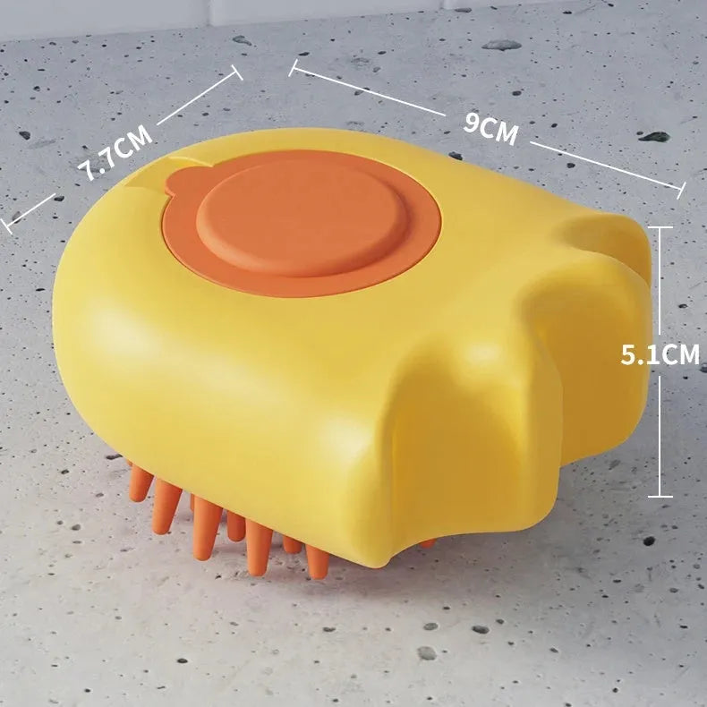 Blue pet bath brush with an integrated shampoo box, shown next to an orange and yellow version.