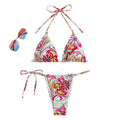Women's multicolour triangle print bikini swimsuit with separate system and hanging neck design