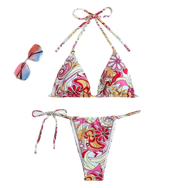 Women's multicolour triangle print bikini swimsuit with separate system and hanging neck design