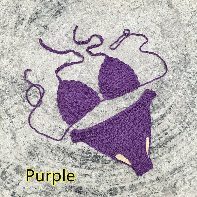Women's 3-piece handmade crochet bikini set with nylon lining in solid colour options for beach and swimming.
