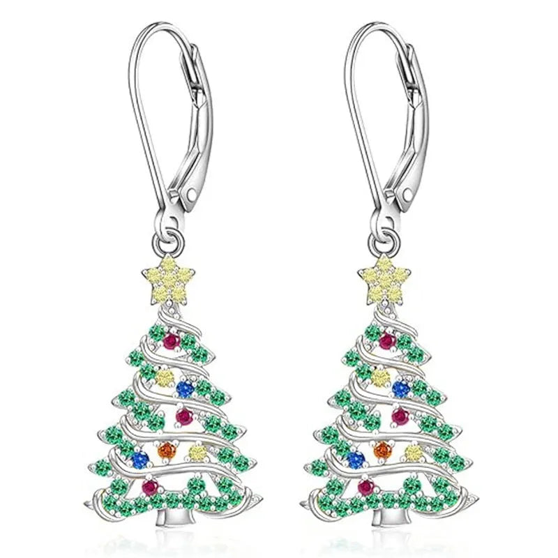Women's Christmas tree pendant earrings in white gold colour with star detail and copper construction