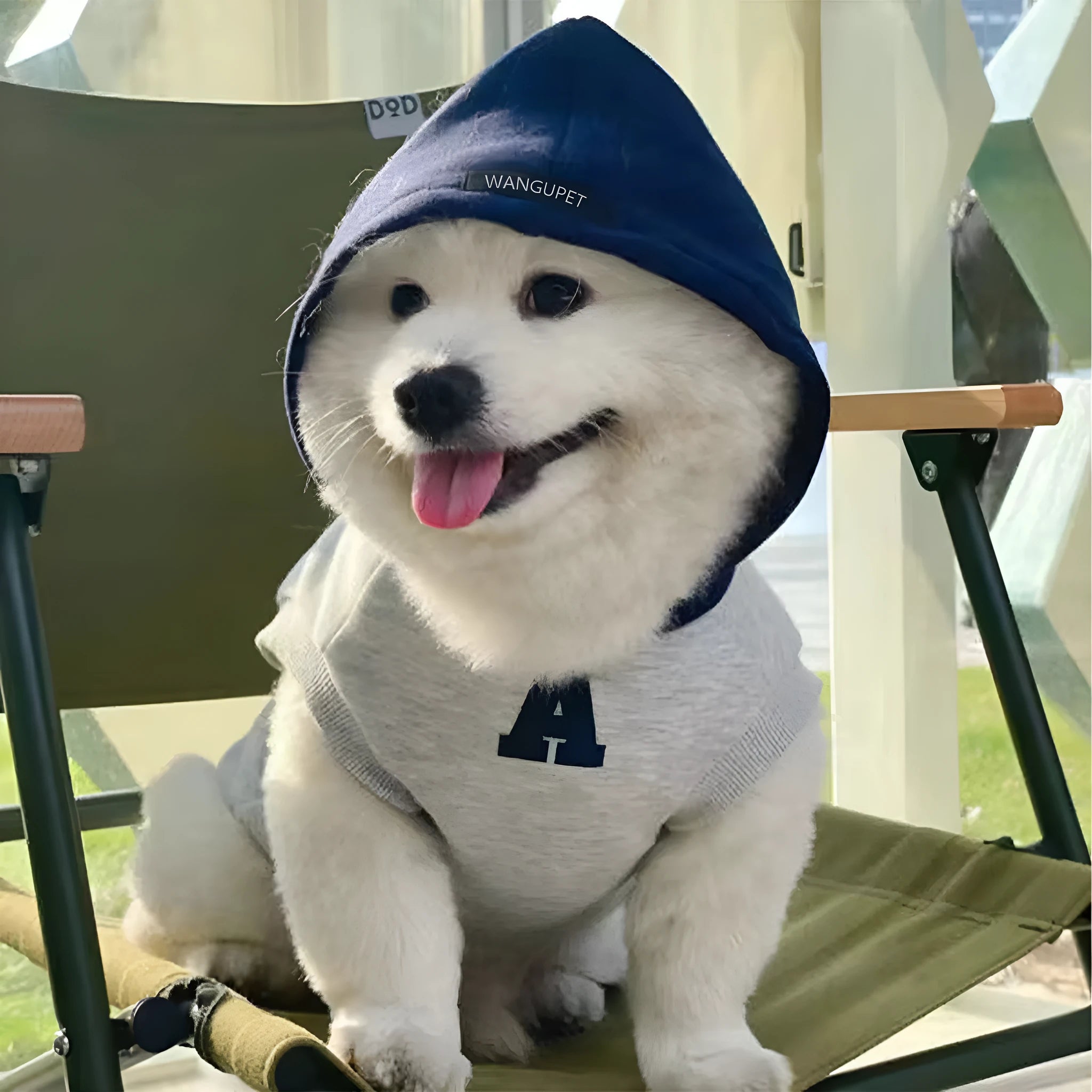Blue and grey white slim-fit polyester hoodie for pets with reflective lettering on the back.