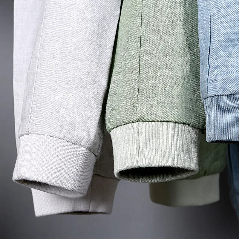 Men's thin cotton linen jacket in regular fit available sizes M to 6XL in heather gray, grass green, or blue colours