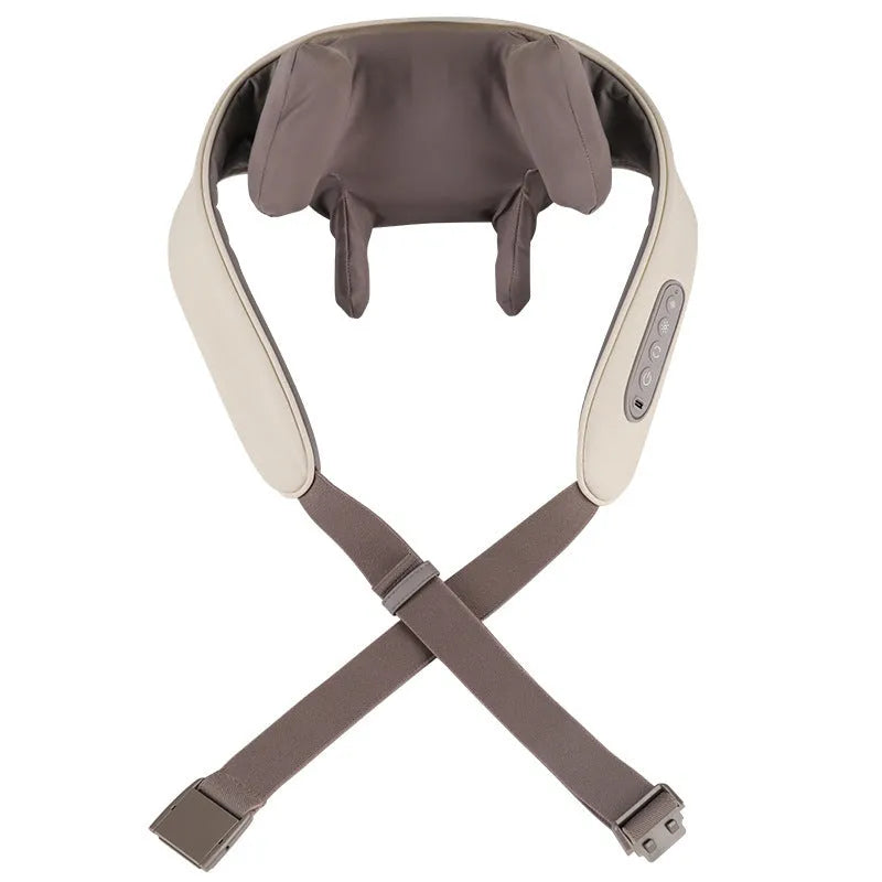 Milky white rechargeable shoulder and neck cervical spine kneading massager with USB cable.