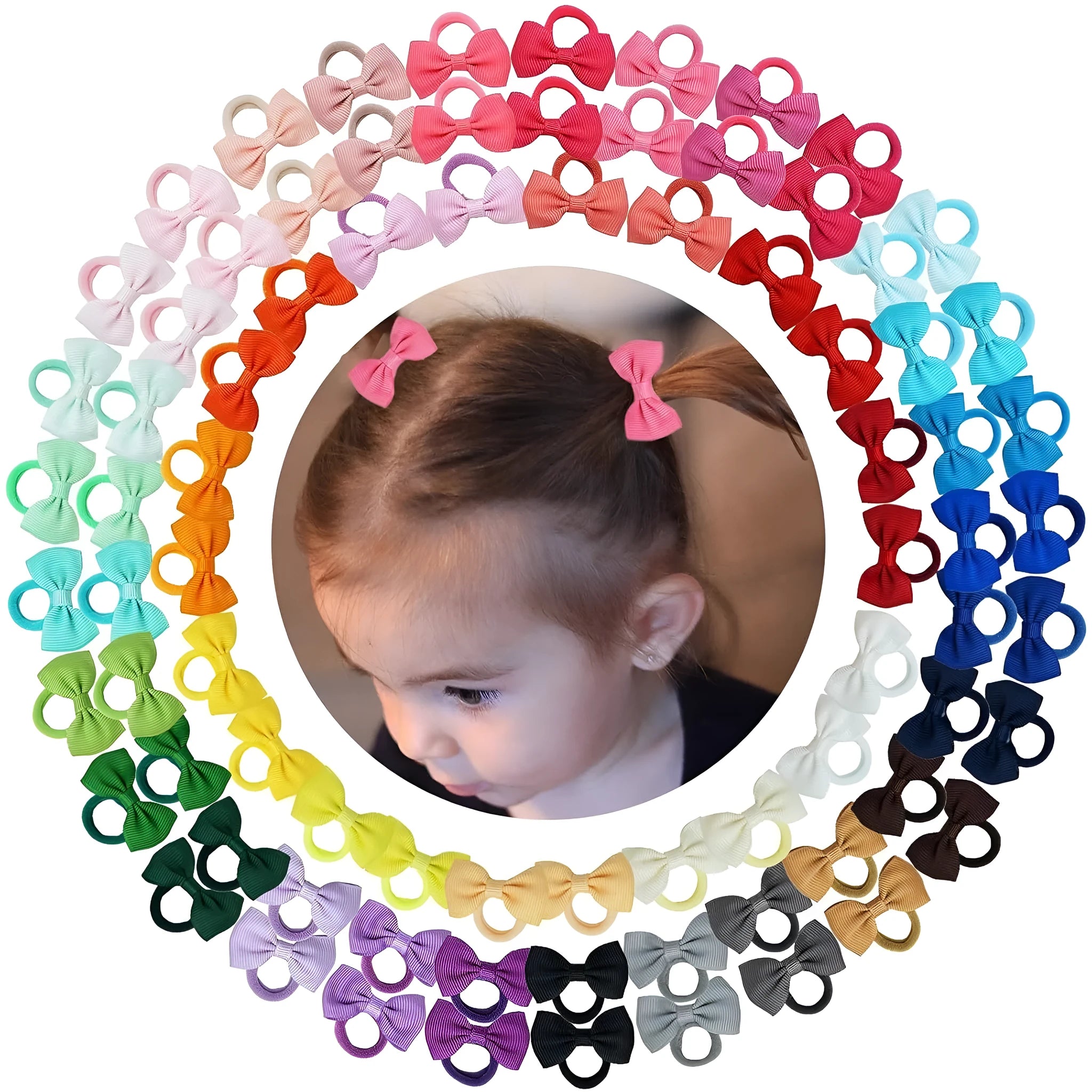 80 piece set of tiny multi-coloured grosgrain ribbon hair bows and matching soft elastic bands for babies and toddlers.