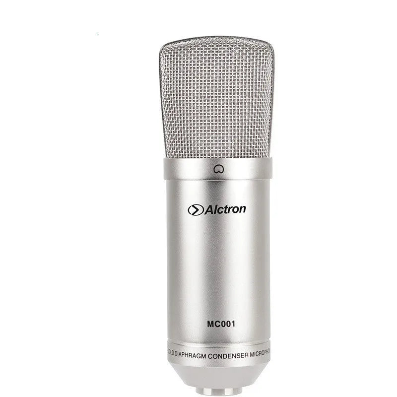 MC001 professional condenser microphone with gold-plated diaphragm, shock mount, and windshield on desk setup
