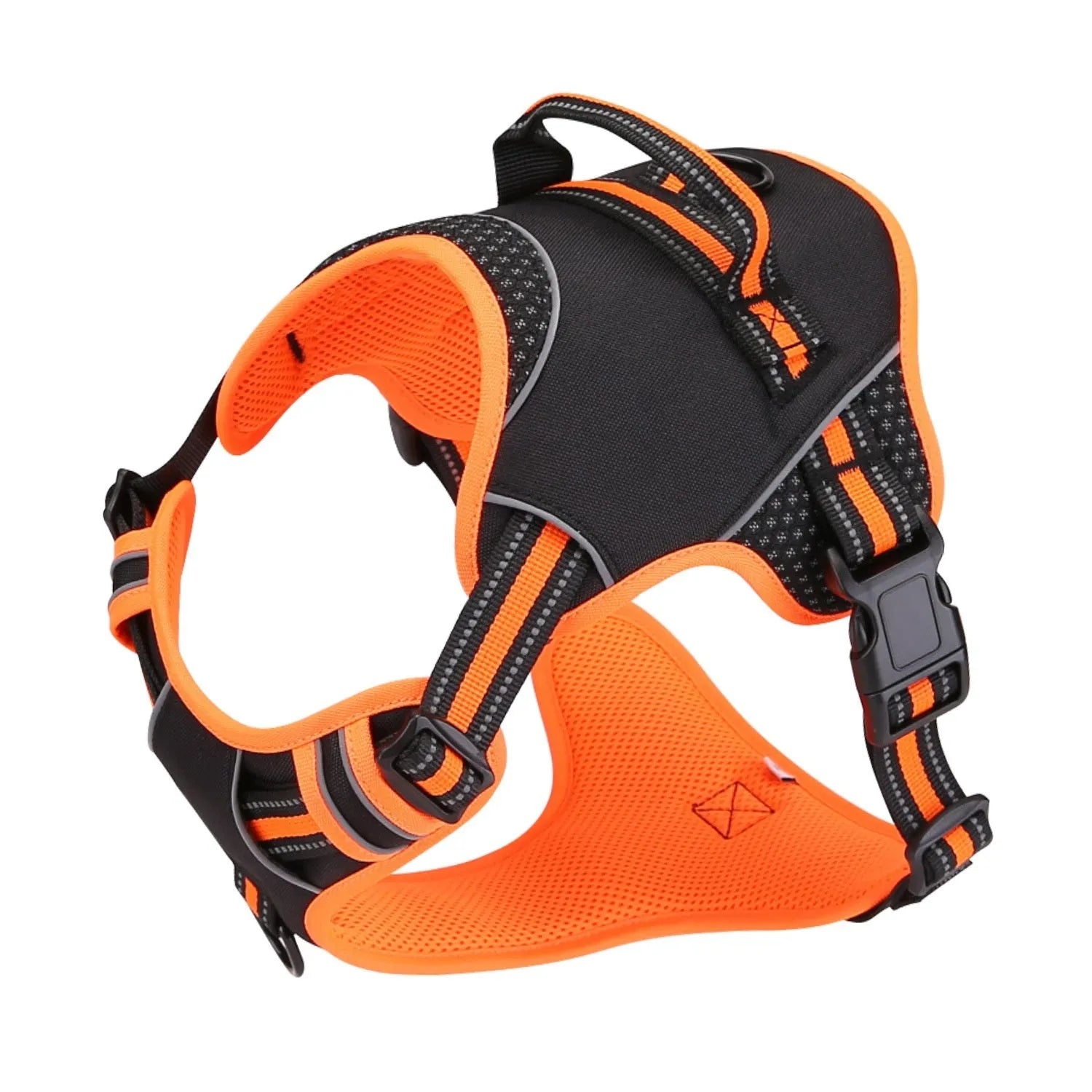 Orange polyester dog harness with metal buckle shown on adjustable strap for outdoor walking