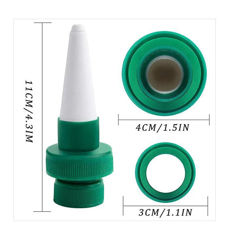 Green ceramic plant watering dripper device for attachment to cola bottles