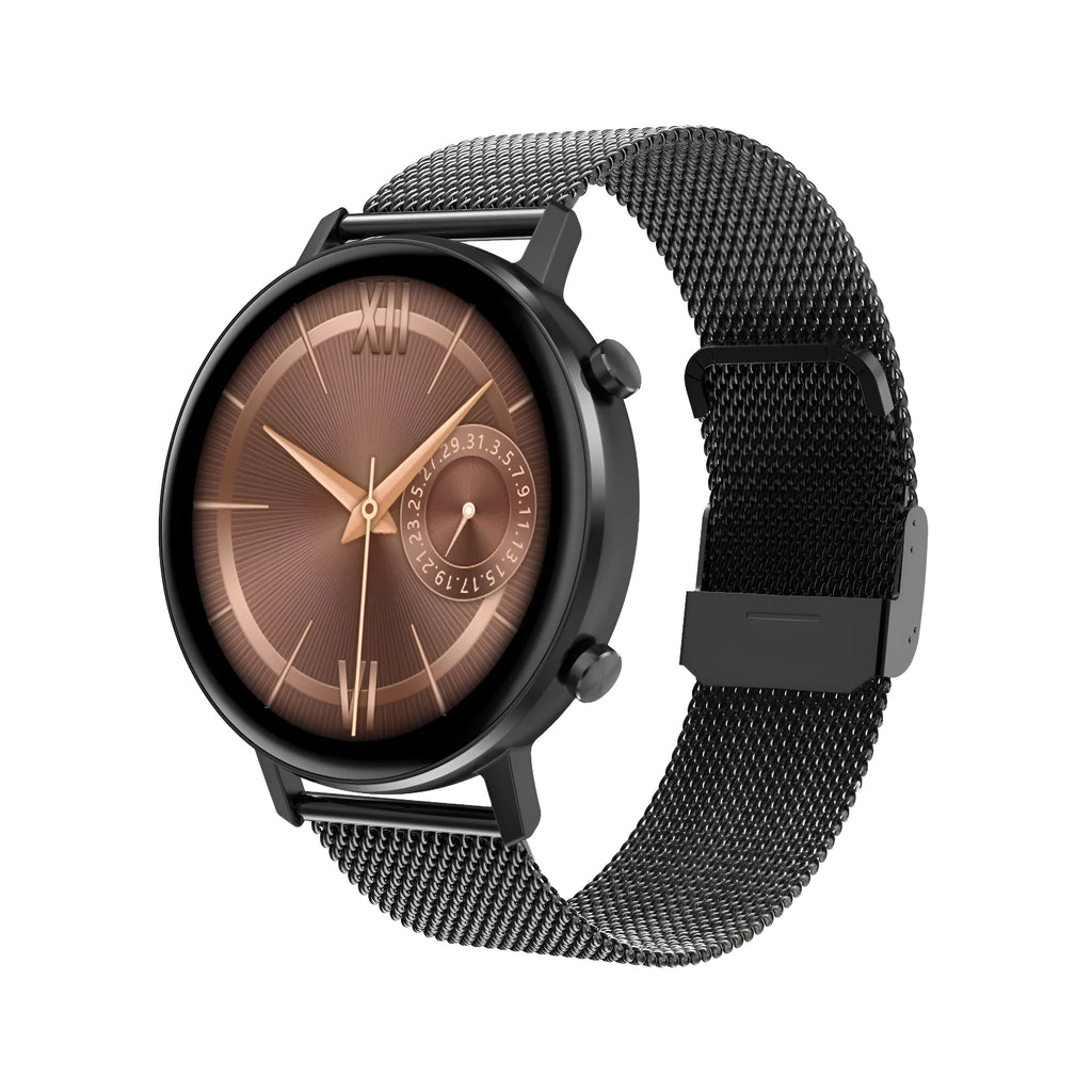 DT96 smart fitness tracker with steel strap on wrist displaying time on 1.3-inch screen