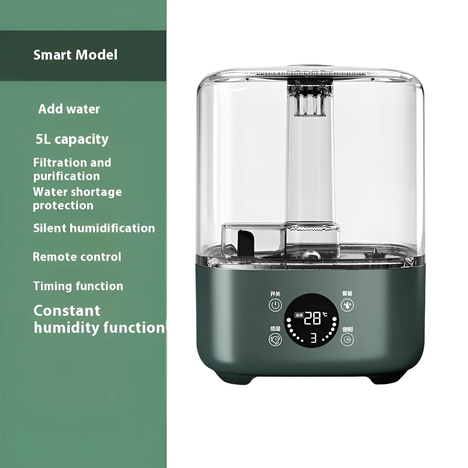 Green KC-112 touch screen intelligent humidifier with remote control on a table.