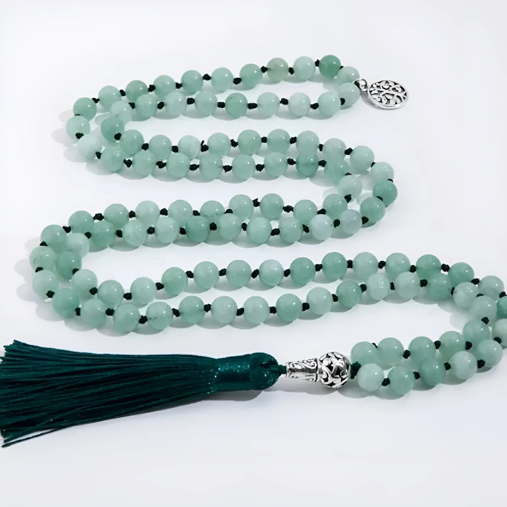 Handmade long beaded necklace with 108 natural stone pendants on a knotted cord.