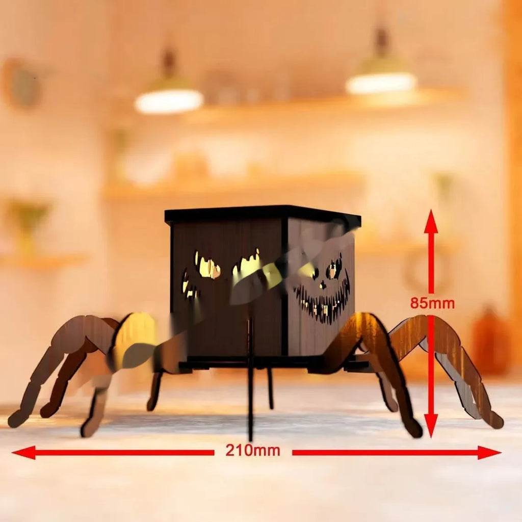 Wooden spider-themed lantern candlestick Halloween decoration measuring 21cm tall