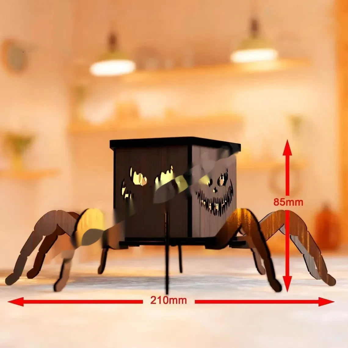 Wooden spider-themed lantern candlestick Halloween decoration measuring 21cm tall