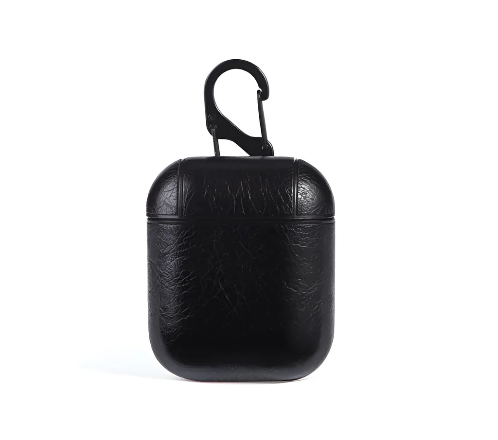 Genuine leather protective case for Apple AirPods in black, brown, light brown, and red.
