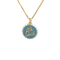 Gold-plated copper Be Free bottle cap pendant necklace on a 40cm box chain.