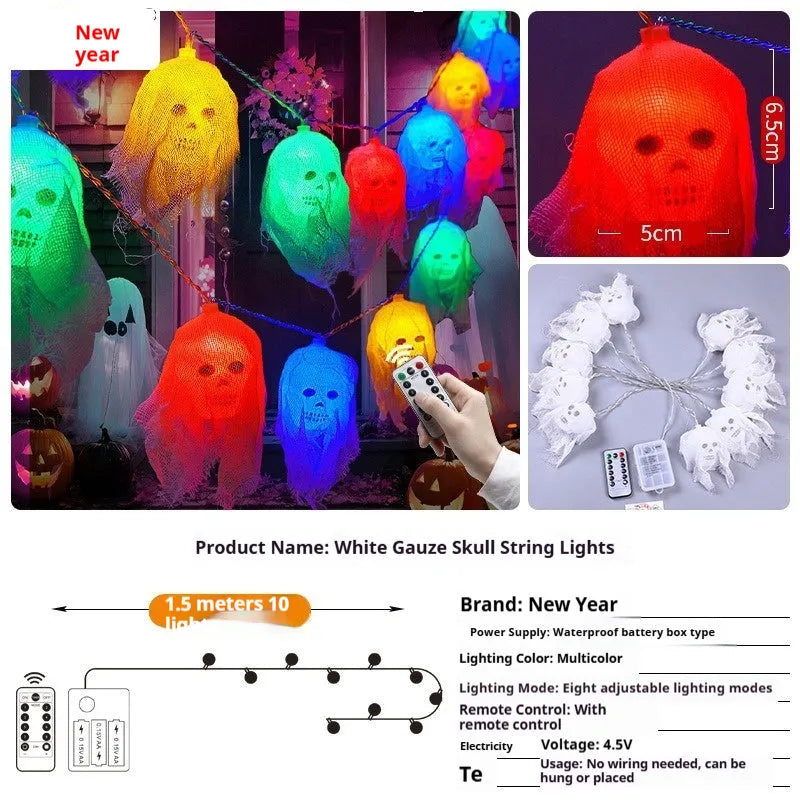 Halloween coloured battery-powered LED string lights showing plastic housing and multiple coloured light beads