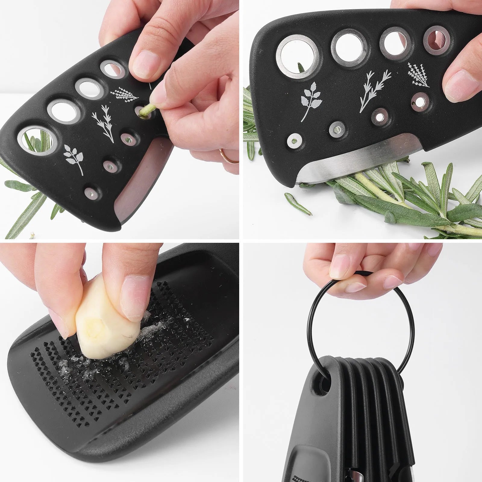 Six stacking kitchen gadgets and a brush in a colour box, made from stainless steel and PP plastic