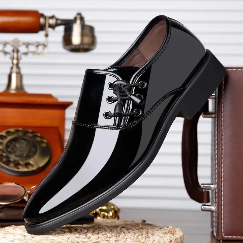 Men's black business formal shoes with square heel and round toe design on artificial PU upper