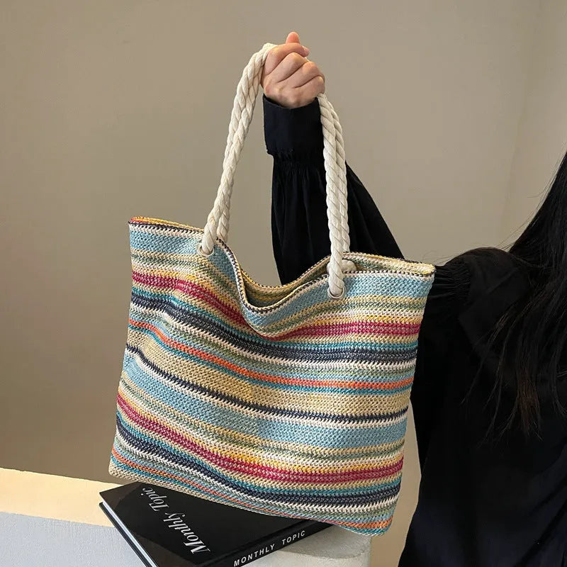 Blue straw woven nylon shoulder bag with polyester lining and single-shoulder strap