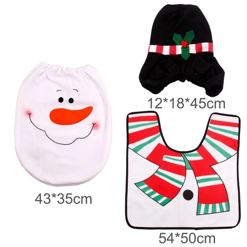 Christmas bathroom set with Santa design including toilet seat cover, floor mat, and shower curtain