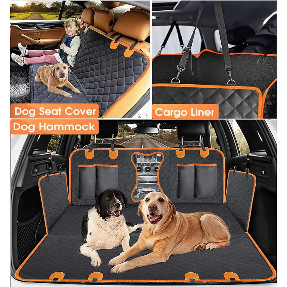 Black and orange edge waterproof dog car seat cover with mesh window and storage pocket on a car rear seat.