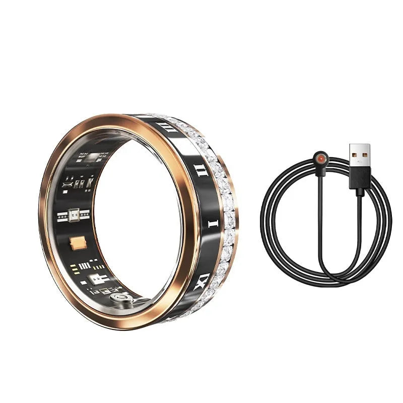 Silver and gold smart ring with health tracking features including blood oxygen monitoring