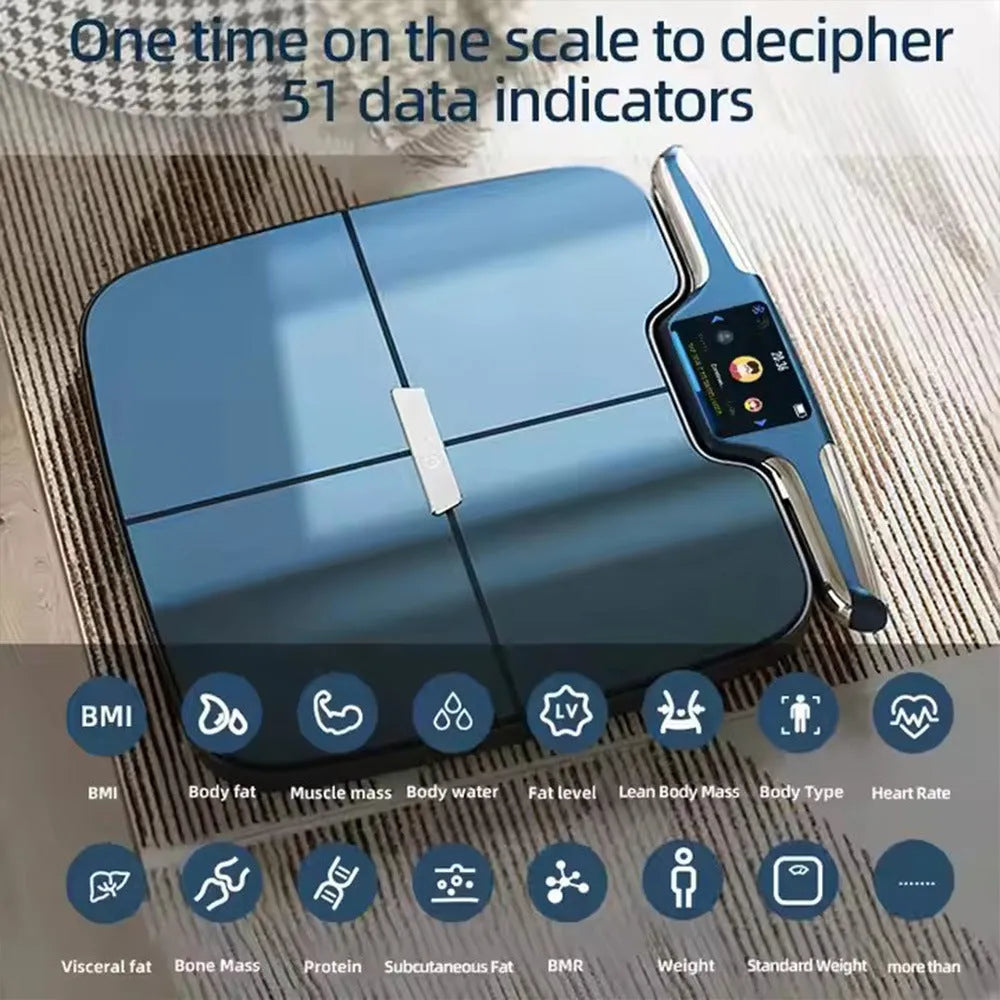 Black eight-electrode intelligent body fat scale on a bathroom floor